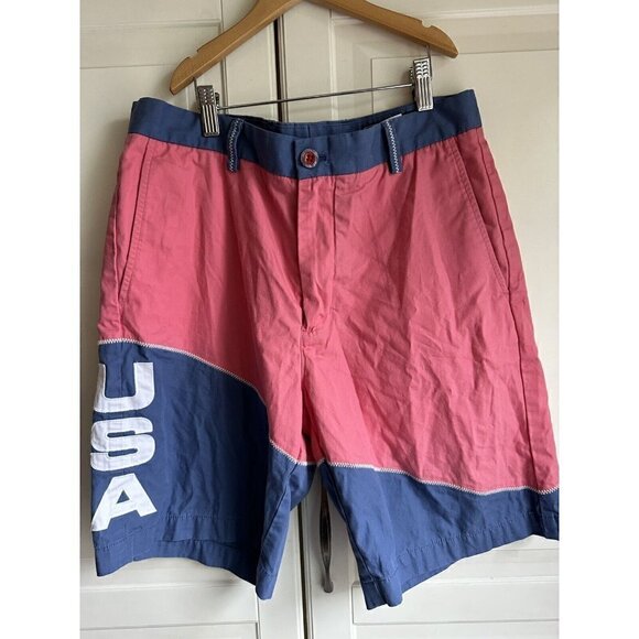 Vineyard Vines Mens USA Spell Out Pink Blue Color Block Breaker 1H0437 Shorts 32 - Picture 1 of 5